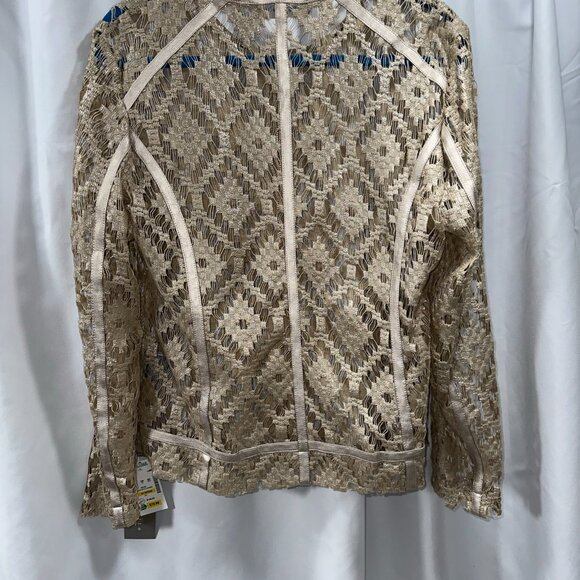 NWT Bagatelle Woman's Golden Metalli Lace Cut Out Zip Up Jacket 100% Poly - Picture 5 of 14
